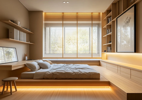 木纹地板浮动床书房设计