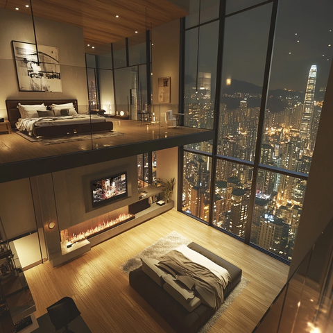 现代复式住宅卧室客厅全景窗