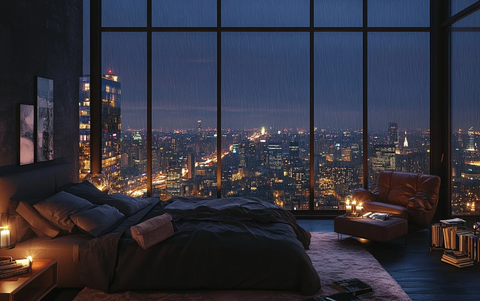 黑墙窗景卧室雨夜布局