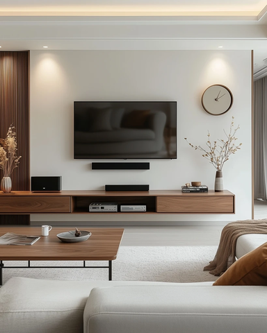 白色墙壁木质电视柜灰色沙发