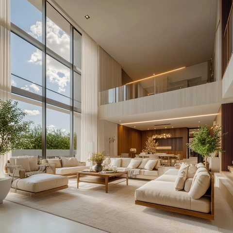 现代高天花板客厅与全景窗