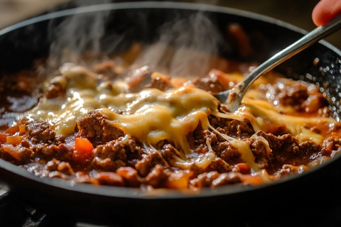 融化芝士覆盖牛肉锅料