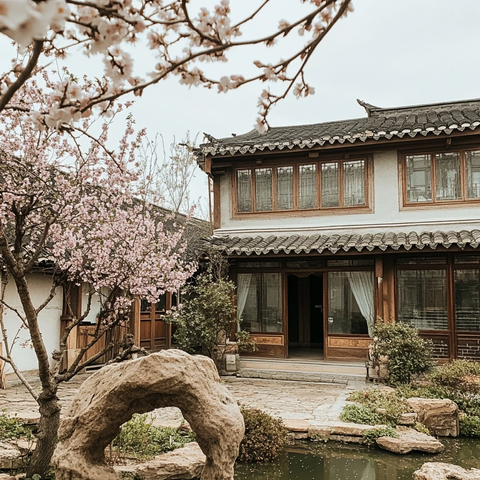 春花绽放的中式庭院