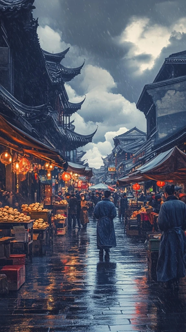 雨中热闹的古街集市