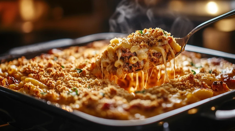 奶酪通心粉配烤牛肉和面包屑