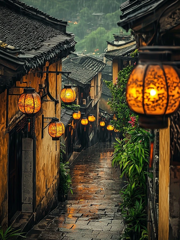灯笼照亮的雨巷小径