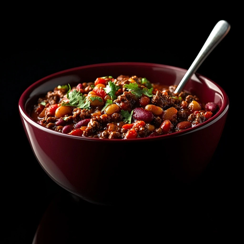 牛肉辣椒晚餐碗与勺子