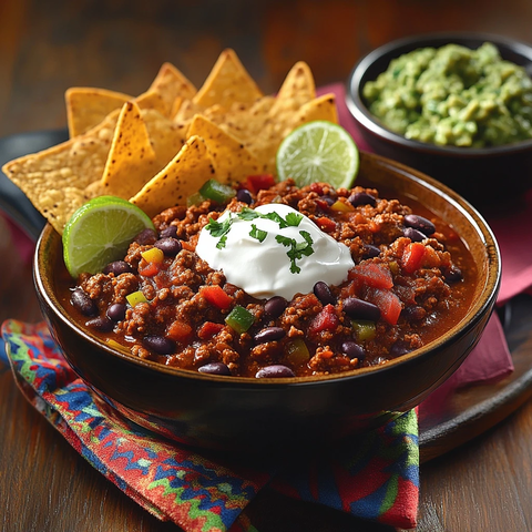 辣肉豆酱配脆玉米片和牛油果酱