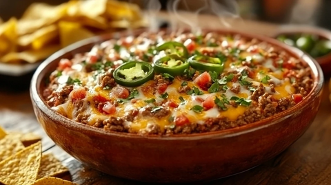 木桌上的热辣芝士肉酱蘸料