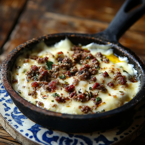 芝士融化在平底锅上加上碎香肠