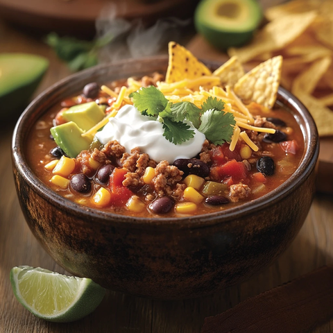 陶碗盛装玉米肉汤配脆片