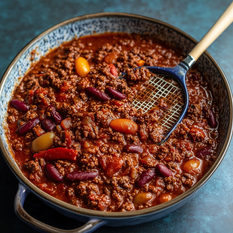 大碗辣椒肉酱与球拍形铲子