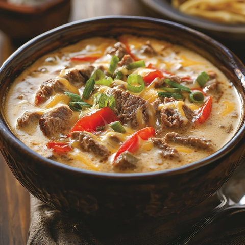 芝士牛排汤碗特写