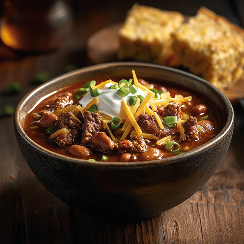 牛肉豆番茄辣椒碗与玉米面包