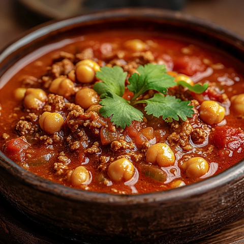 牛肉鹰嘴豆辣椒汤盛于陶碗