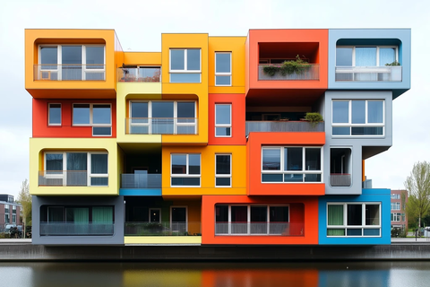 彩色公寓建筑正面视角