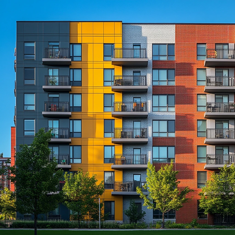 六层建筑砖石立面夏季摄影