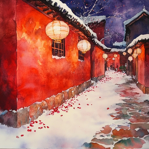 雪夜红墙灯笼巷