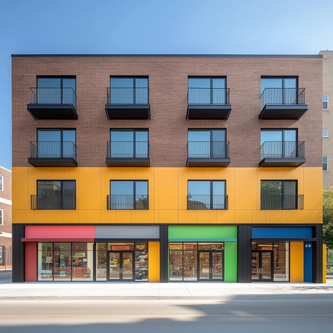 彩色店铺与砖墙公寓