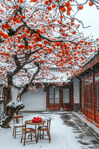 雪落庭院柿满枝