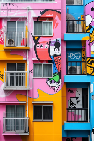 四层建筑各异外墙涂鸦