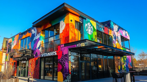 彩色画布覆盖的星巴克咖啡馆
