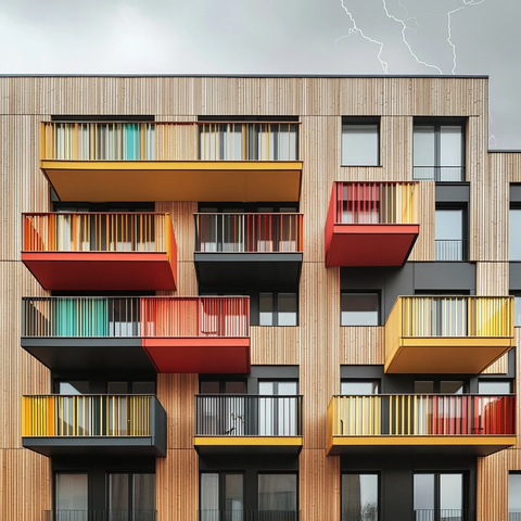 灰木鱼骨拼花墙面与彩色阳台