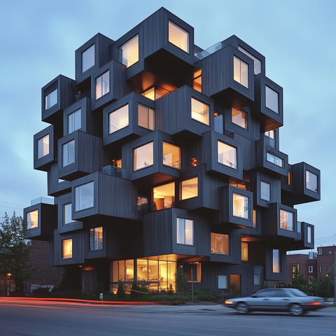 多层住宅楼夜景立方体外观