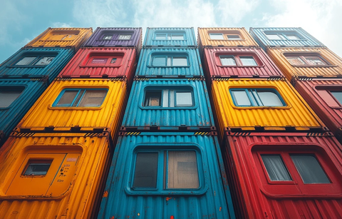 集装箱叠放艺术蓝橙红紫黄