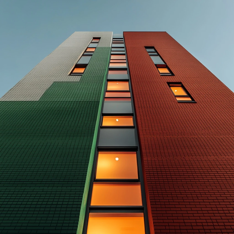 红砖建筑白橙绿灯光设计