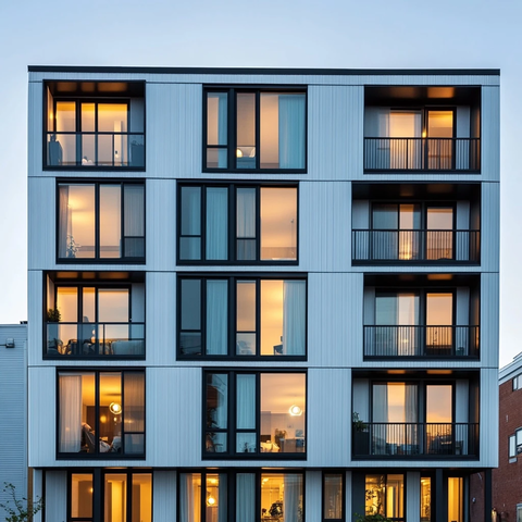 五层公寓夜晚灯光与阳台对话