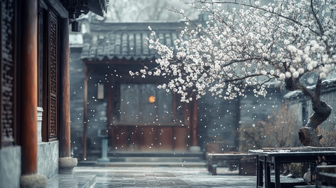 雪映梅花的雅致庭院