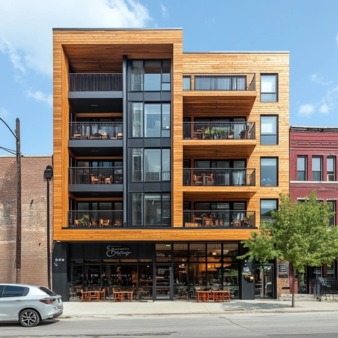 砖餐厅与木质公寓楼