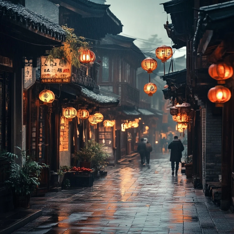 雨夜古街的灯火阑珊