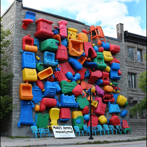 儿童玩具与塑料椅墙体雕塑