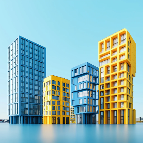 蓝色黄色立体积木建筑