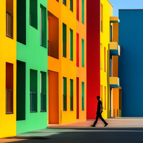 青年散步与简约建筑