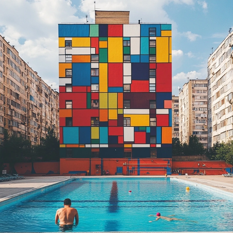 彩色面板房屋与泳池