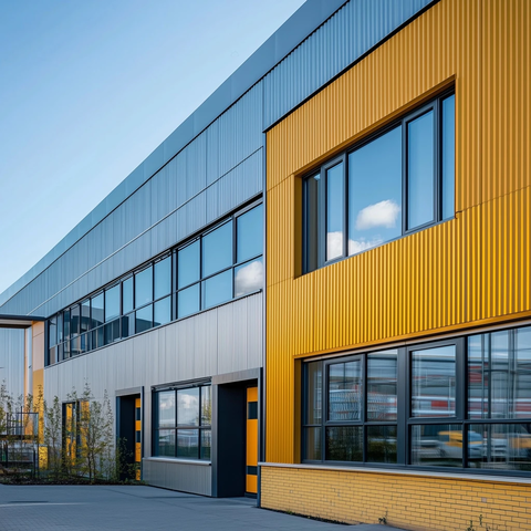 银钢立面与黄砖办公楼