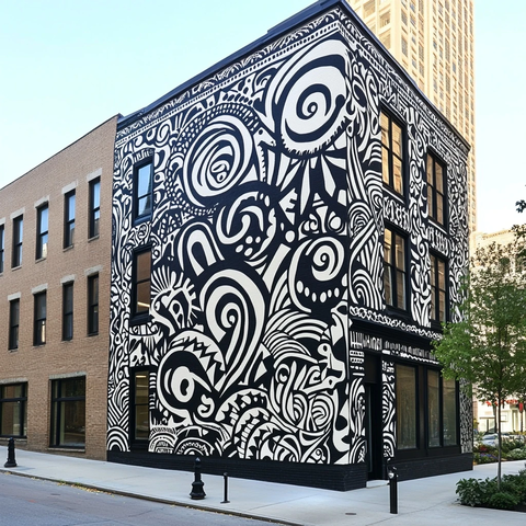 黑白禅绕图案墙面设计