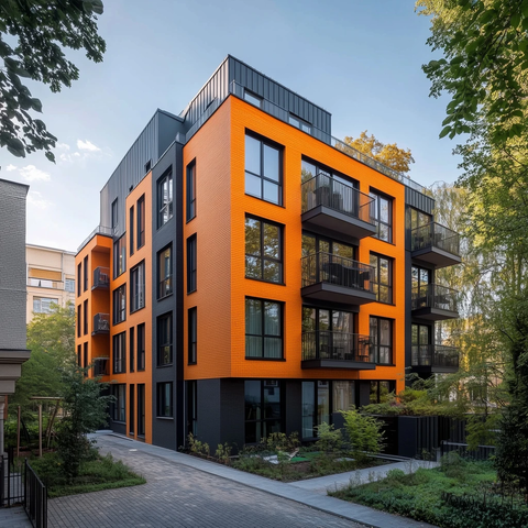 橙黑砖楼房带停车场和游乐场