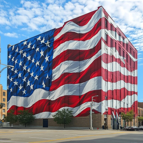 大型建筑侧墙涂绘美国国旗