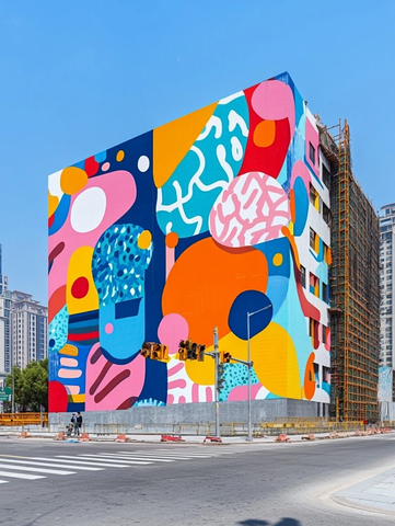 彩色抽象墙画与交通灯