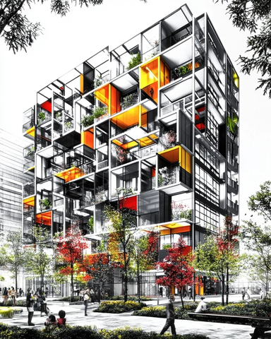 彩色模块化住宅与阳台绿化