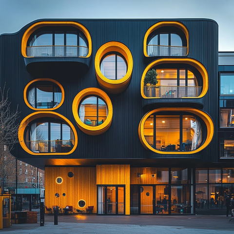 黄色黑色建筑玻璃球窗公寓