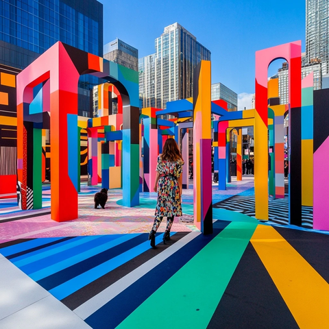 彩色几何雕塑与时尚女模