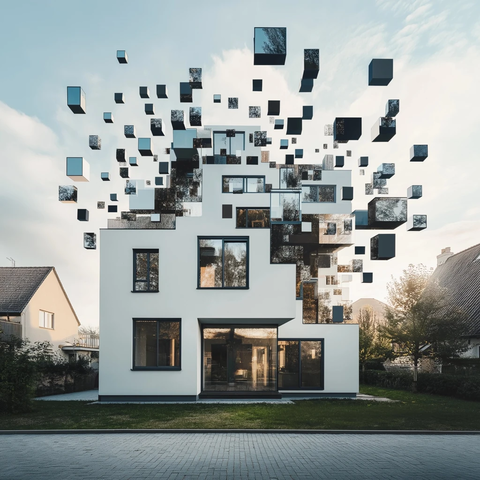 飞舞方块的现代家庭房屋