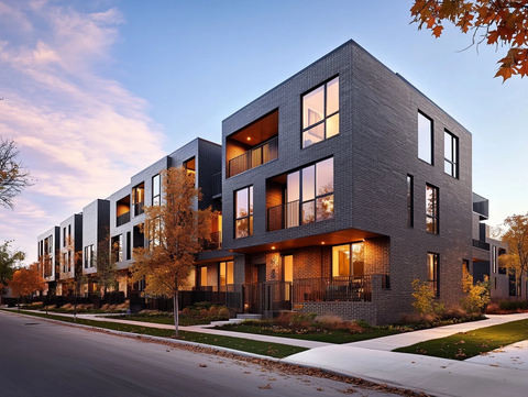 砖玻璃住宅秋叶暖光