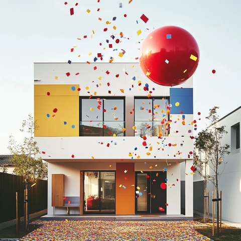 彩色彩纸与红色鼻子装饰的家