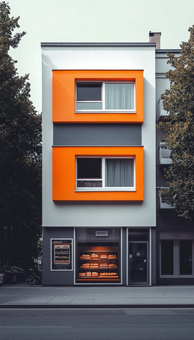 三层灰橙白涂漆住宅带面包店